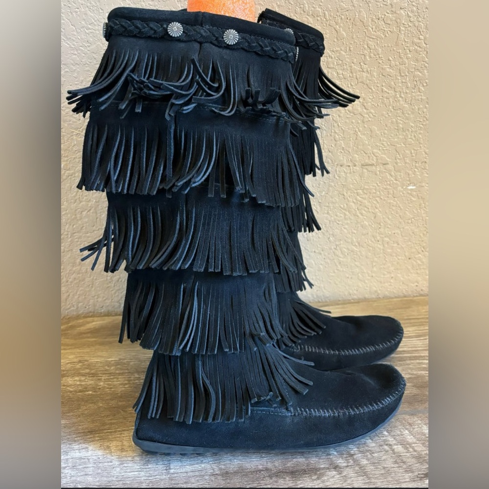 Knee High Black Fringe Minnetonka Black Boots- Size 7.5